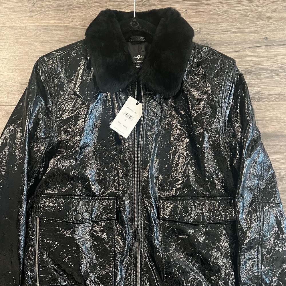 7 For All Mankind. Faux Fur Collar Patent Leather Jacket - Picture 5 of 11